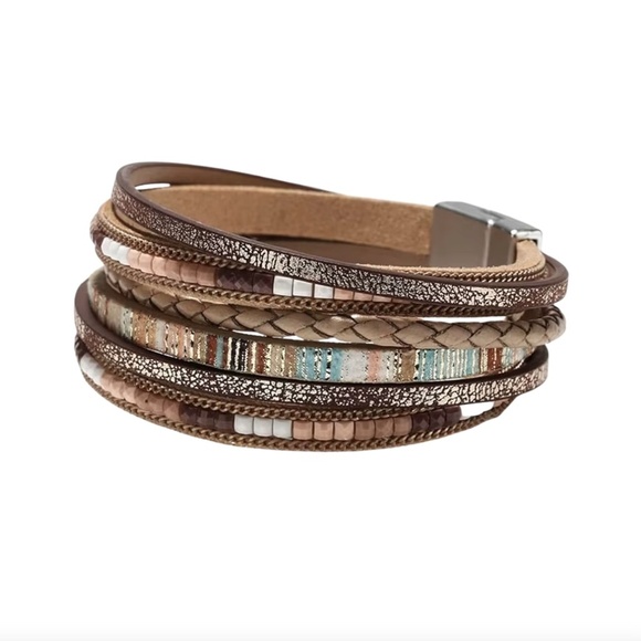 NWT Multi-Layer Brown & Blue Wrap Bracelet – Boho Chic Magnetic Cuff - Picture 1 of 1